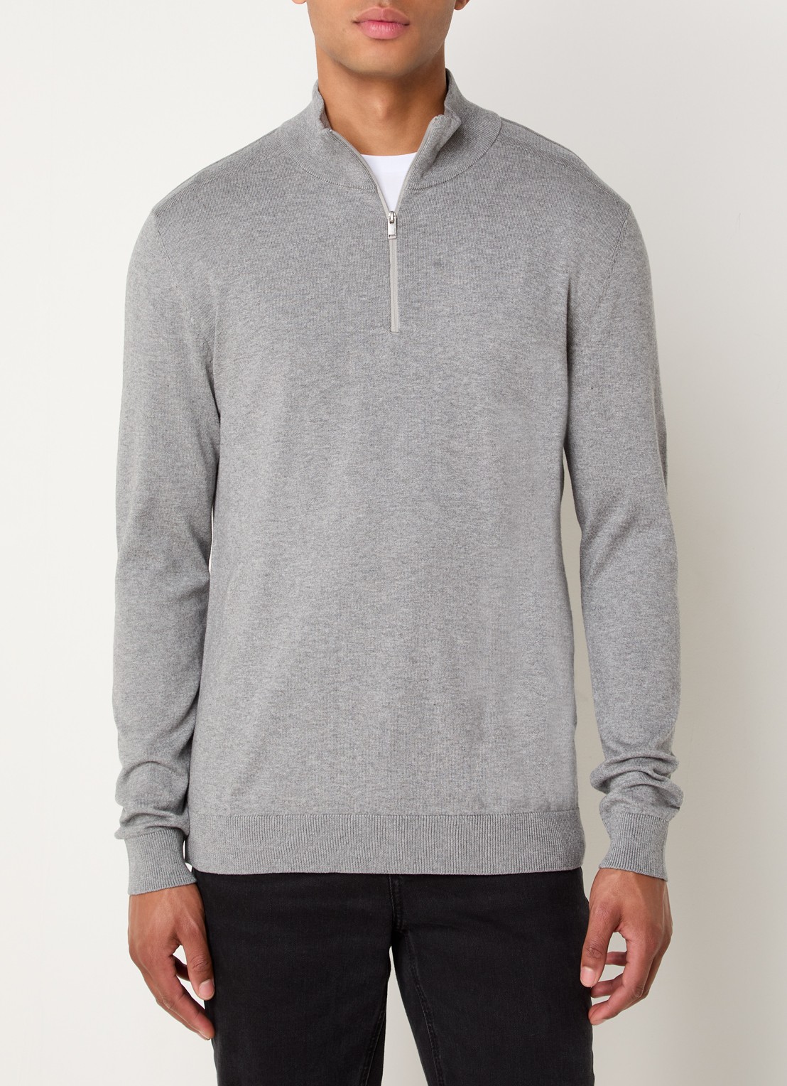 Selected Berg fijngebreide pullover met halve rits - detail 3 middengrijs