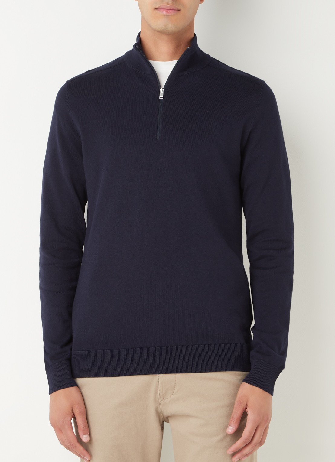 Selected Berg fijngebreide pullover met halve rits - detail 4 donkerblauw
