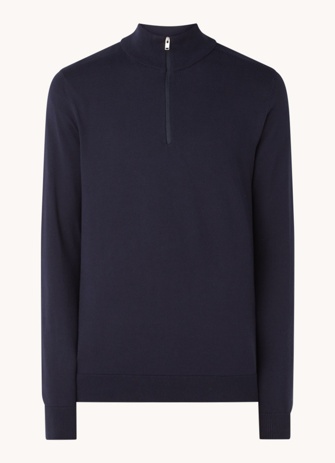 Selected Berg fijngebreide pullover met halve rits - voorkant donkerblauw
