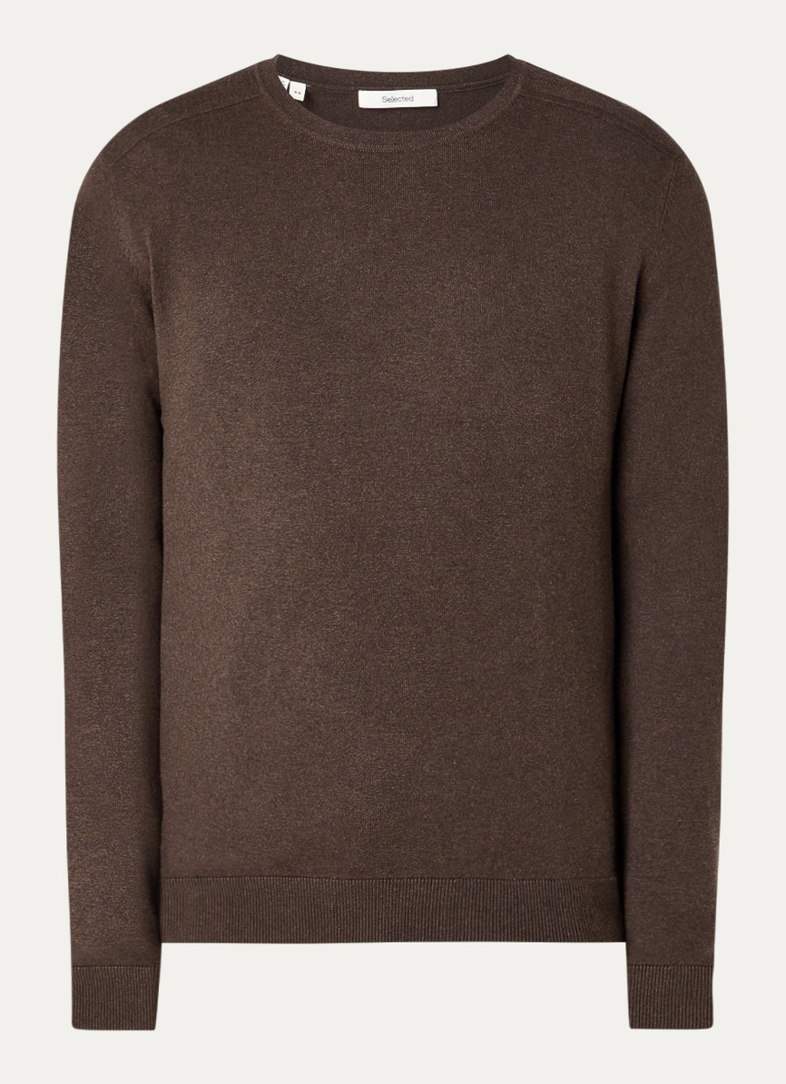 Selected Berg fijngebreide pullover met ronde hals - voorkant donkerbruin
