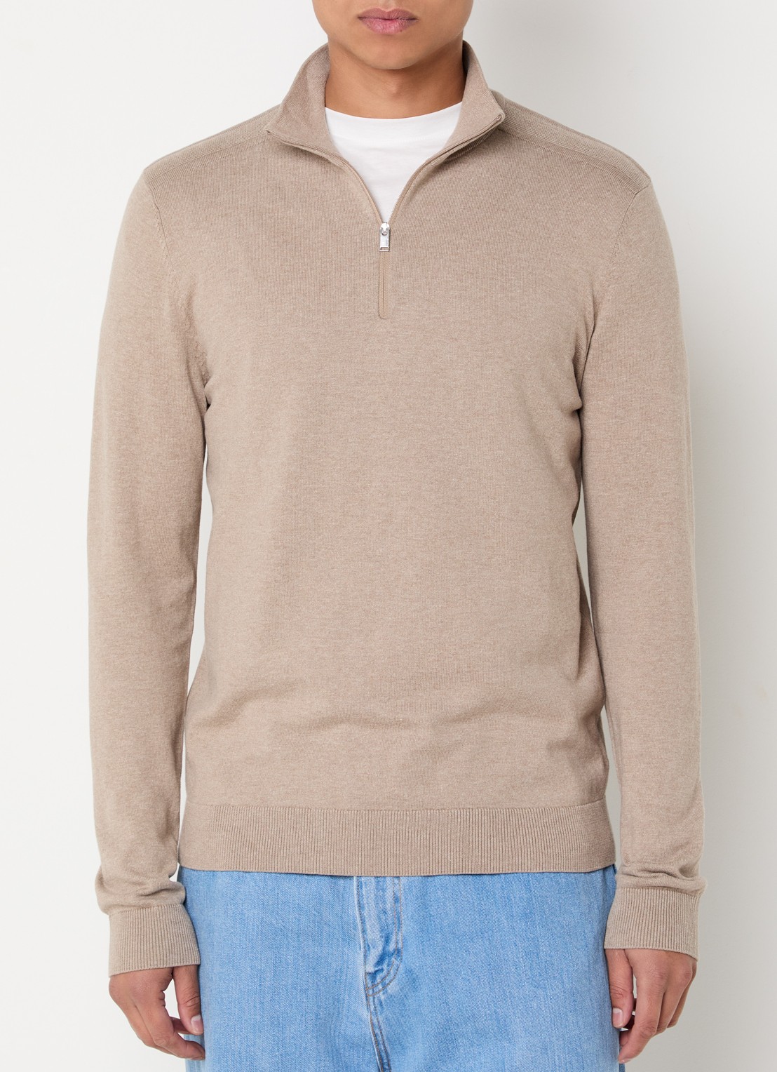 Selected Berg trui met halve rits - detail donkerbeige