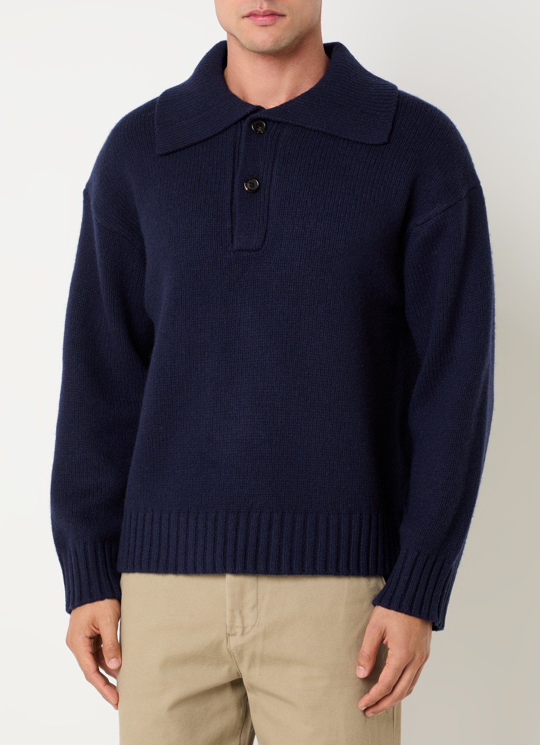 Selected Cody fijngebreide polo in wolblend - detail donkerblauw