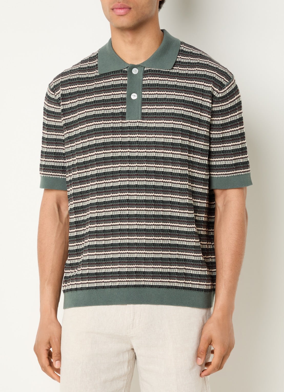 Selected Dane fijngebreide polo met streepprint - detail groen