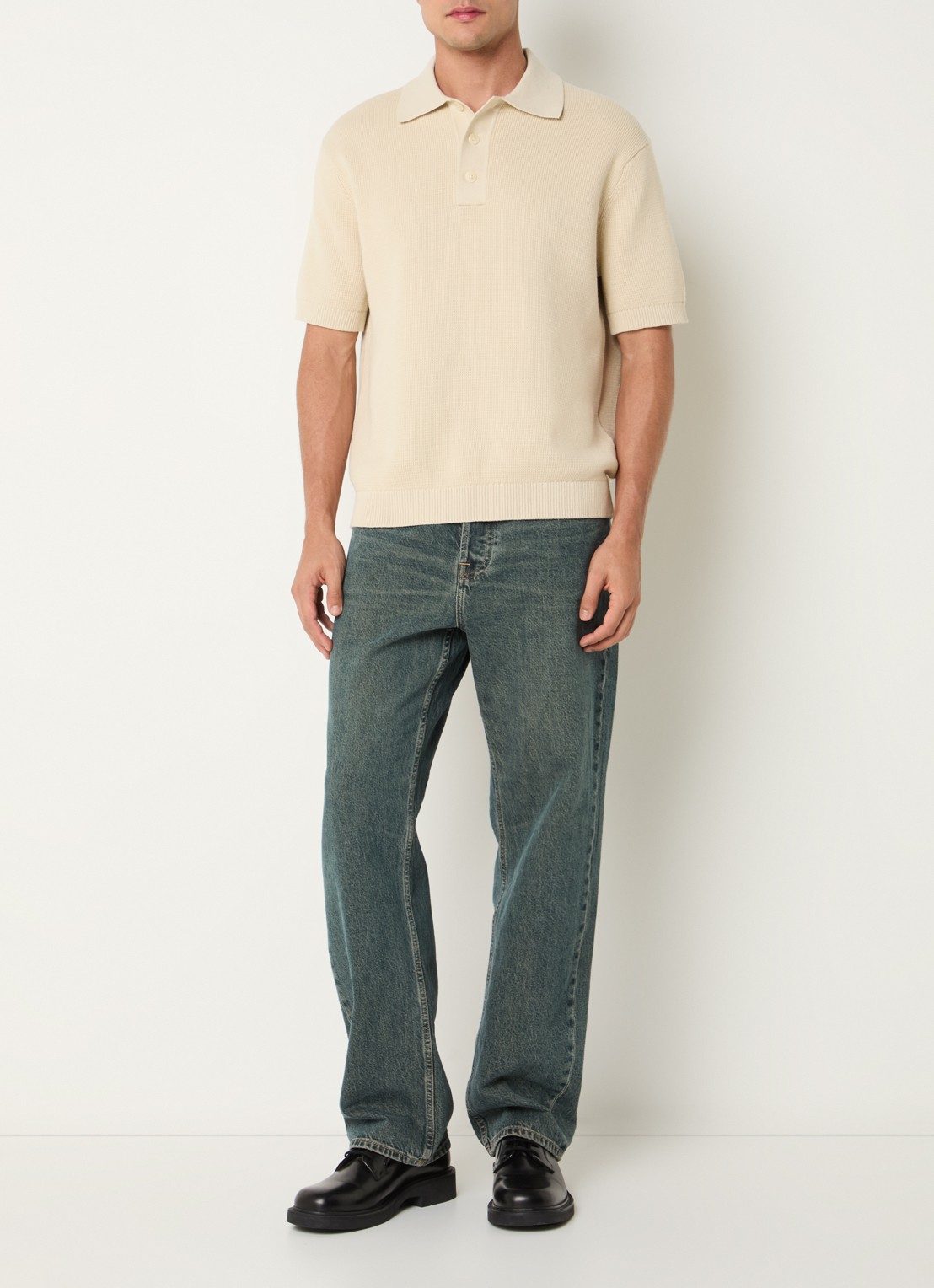 Selected Dane fijngebreide polo met stretch - voorkant 4 creme