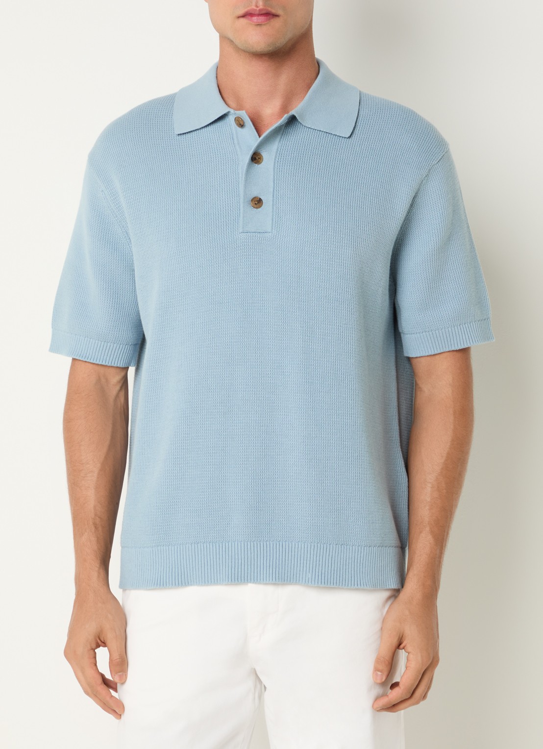 Selected Dane fijngebreide polo met stretch - detail lichtblauw