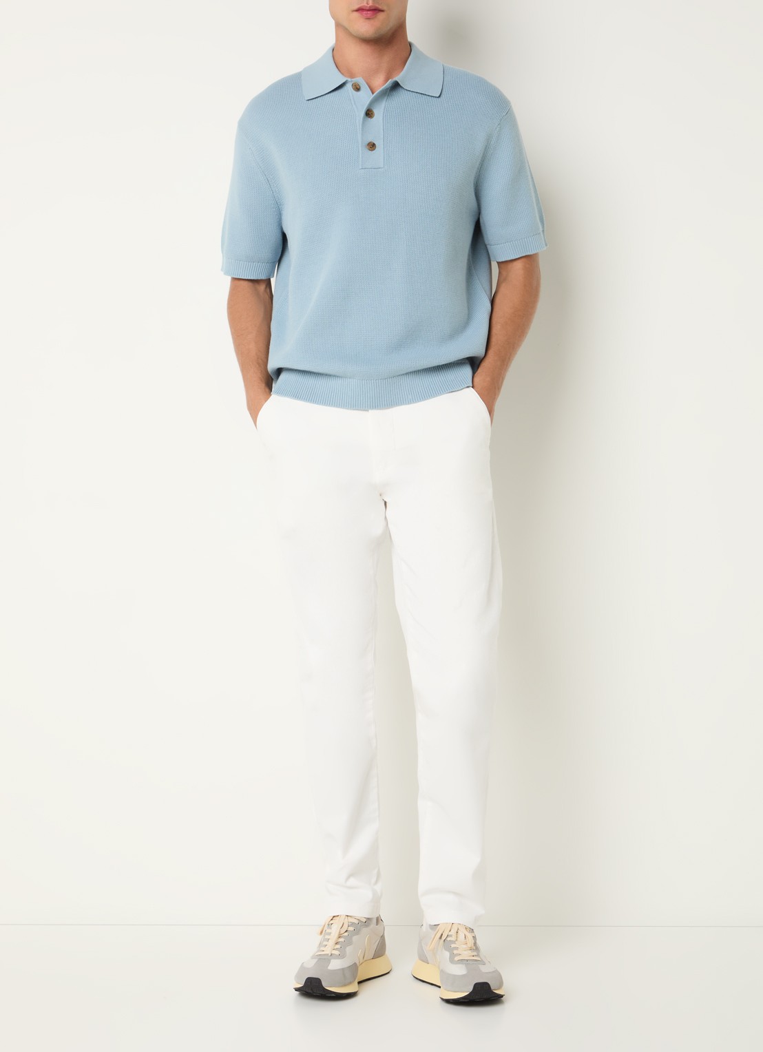 Selected Dane fijngebreide polo met stretch - voorkant 3 lichtblauw