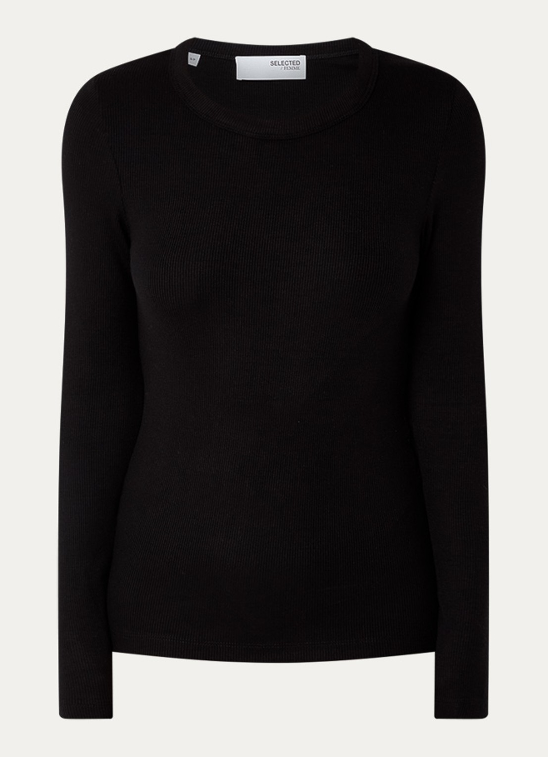 Selected Dianna longsleeve  met ribstructuur - voorkant zwart
