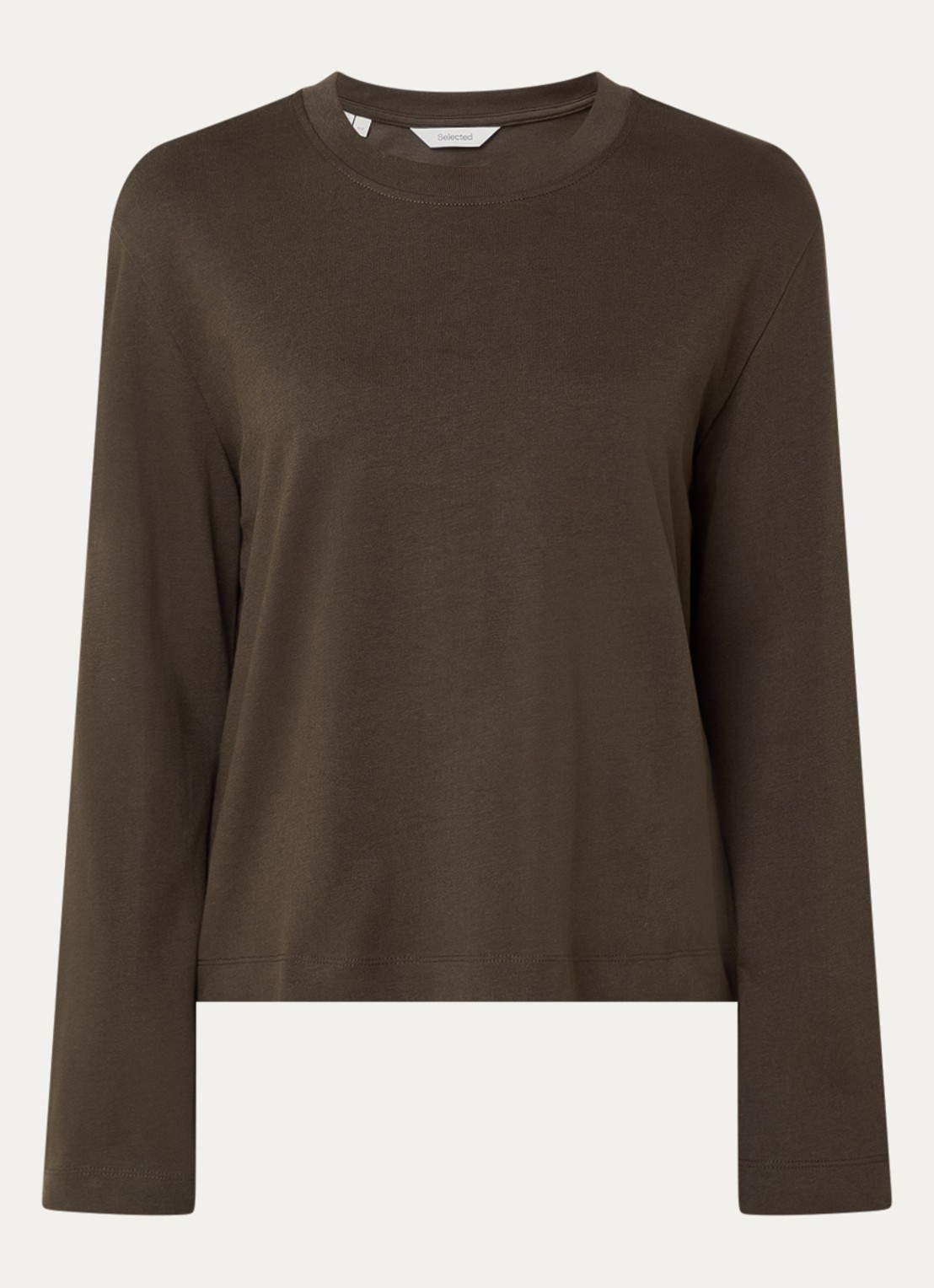 Selected Essential longsleeve met ronde hals - voorkant 3 donkerbruin