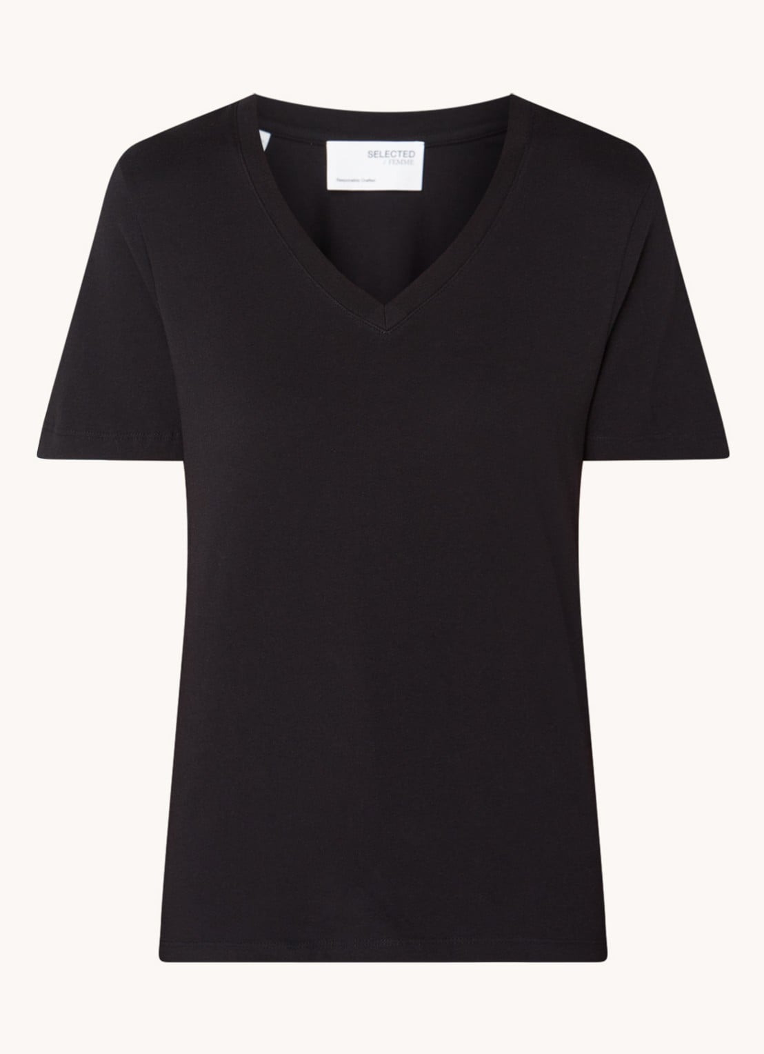 Selected Essential T-shirt van  katoen met V-hals - voorkant 3 zwart