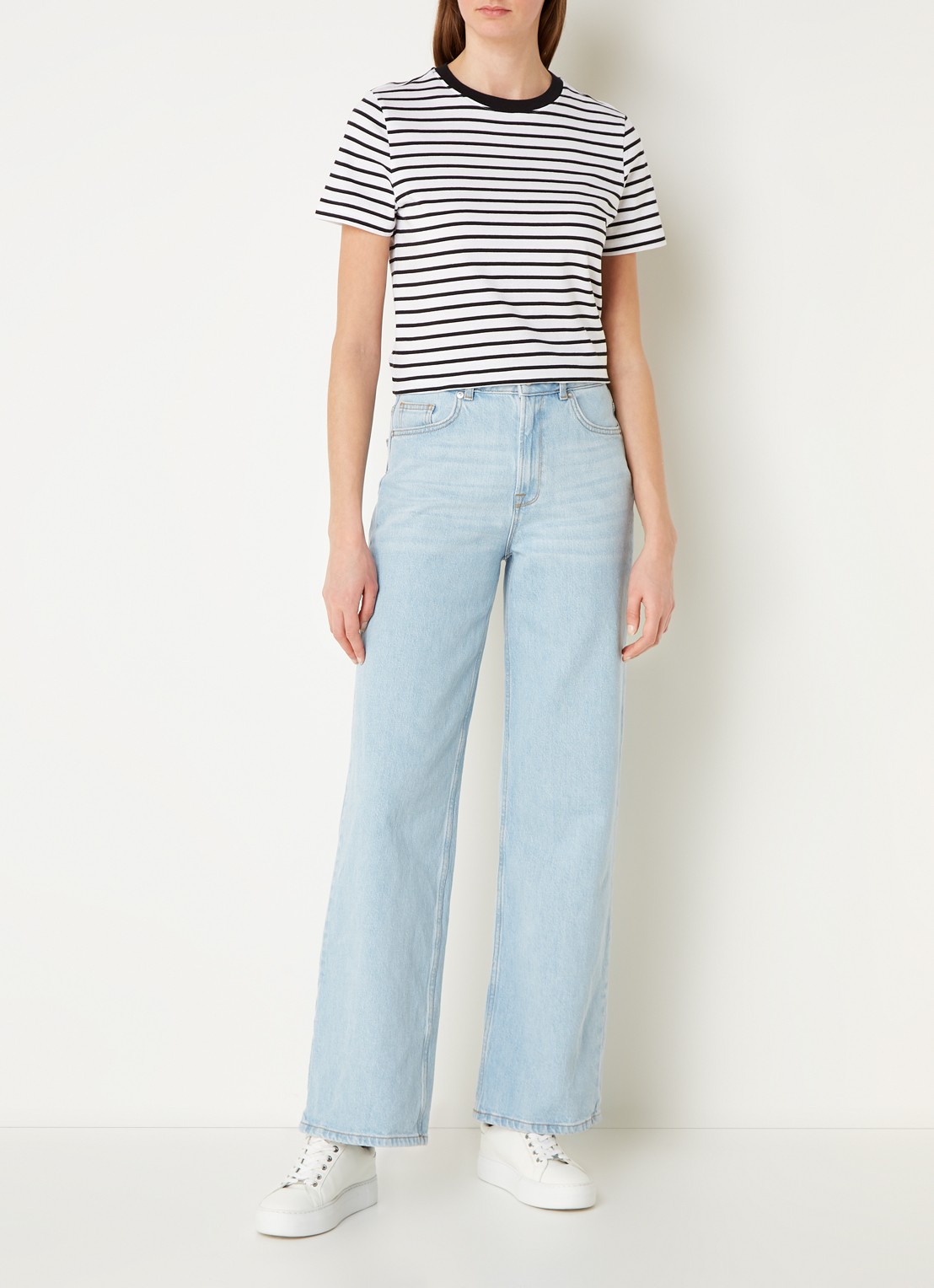 Selected Essentials T-shirt van  katoen met streepprint - voorkant 4 zwart