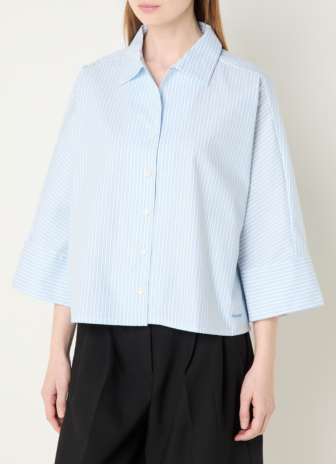 Selected Ester blouse met streepprint - detail lichtblauw