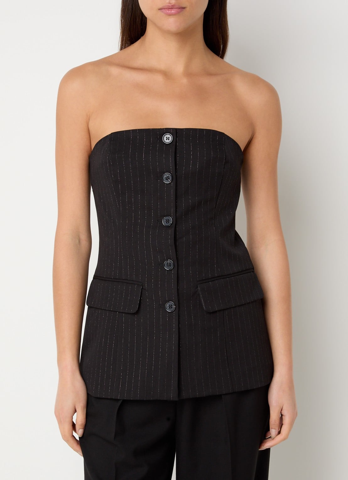 Selected Feli top met krijtstreep en glansdraad - detail 4 zwart