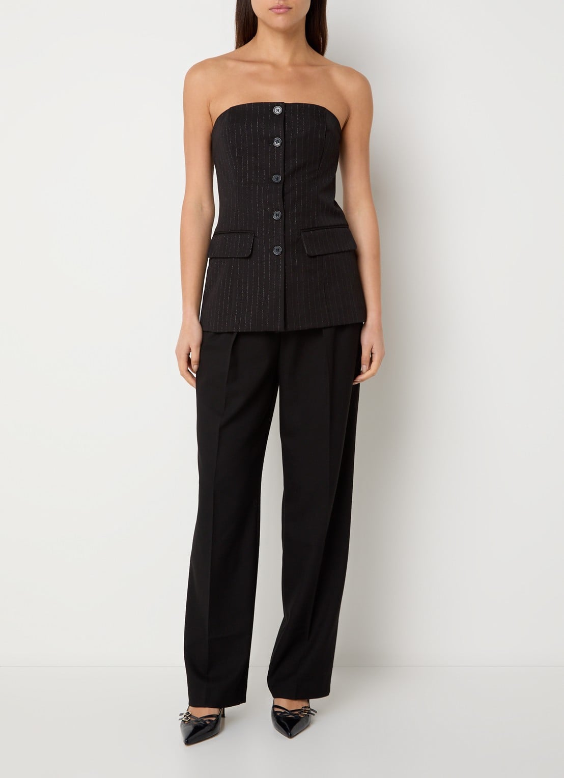 Selected Feli top met krijtstreep en glansdraad - voorkant 2 zwart