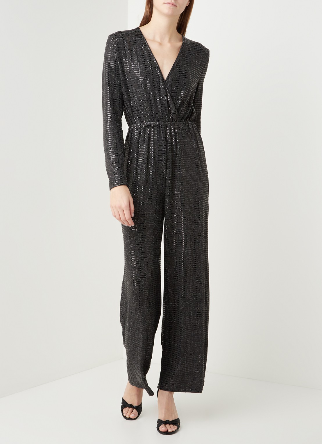 Selected Femme Sandra wide fit jumpsuit met glitter - voorkant 4 zwart