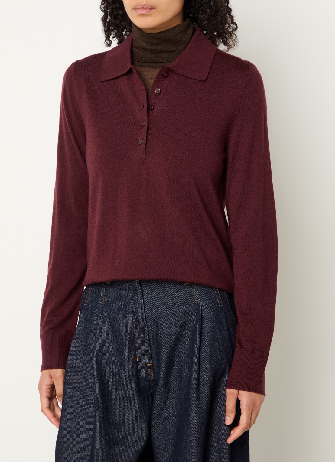 Selected Fijngebreide polo van merino wol - detail bordeauxrood