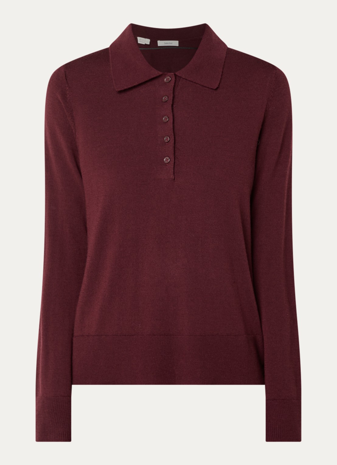 Selected Fijngebreide polo van merino wol - voorkant 3 bordeauxrood