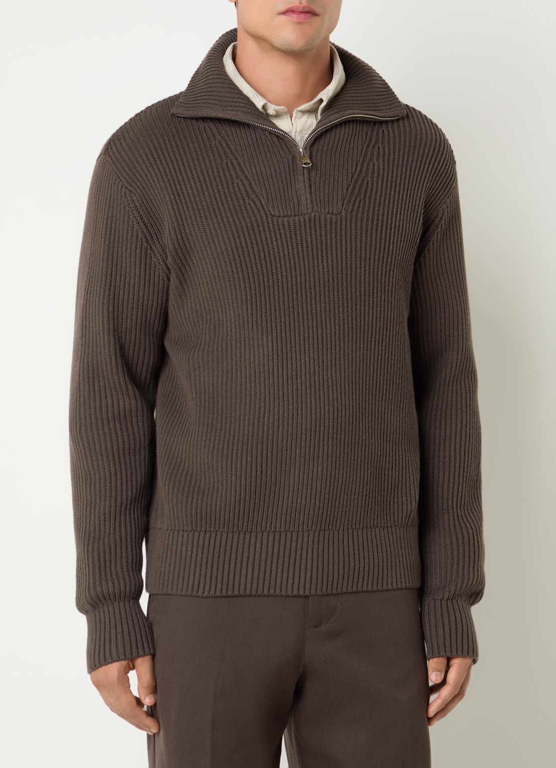 Selected Fijngebreide pullover met halve rits - detail bruin