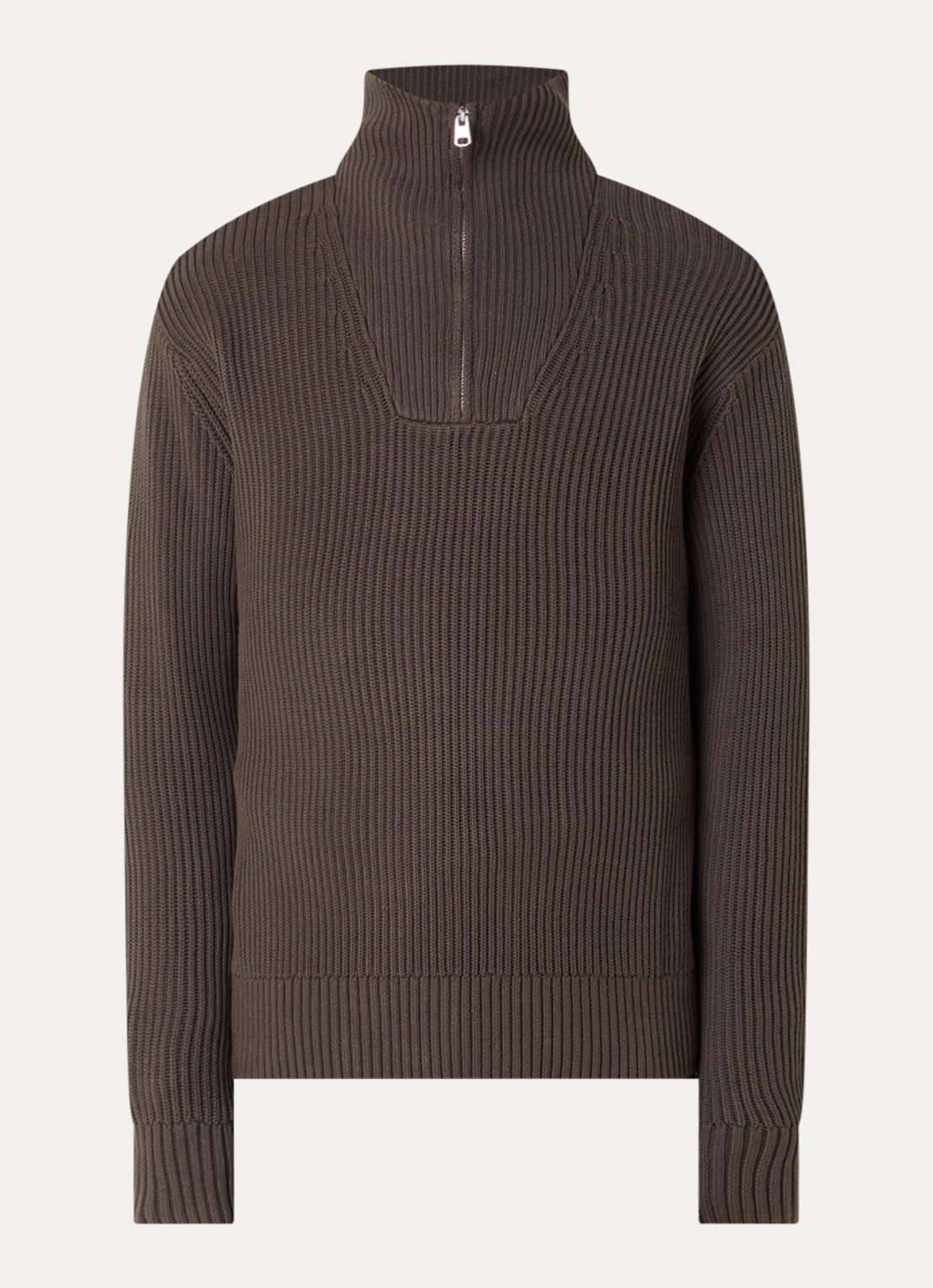 Selected Fijngebreide pullover met halve rits - voorkant 3 bruin
