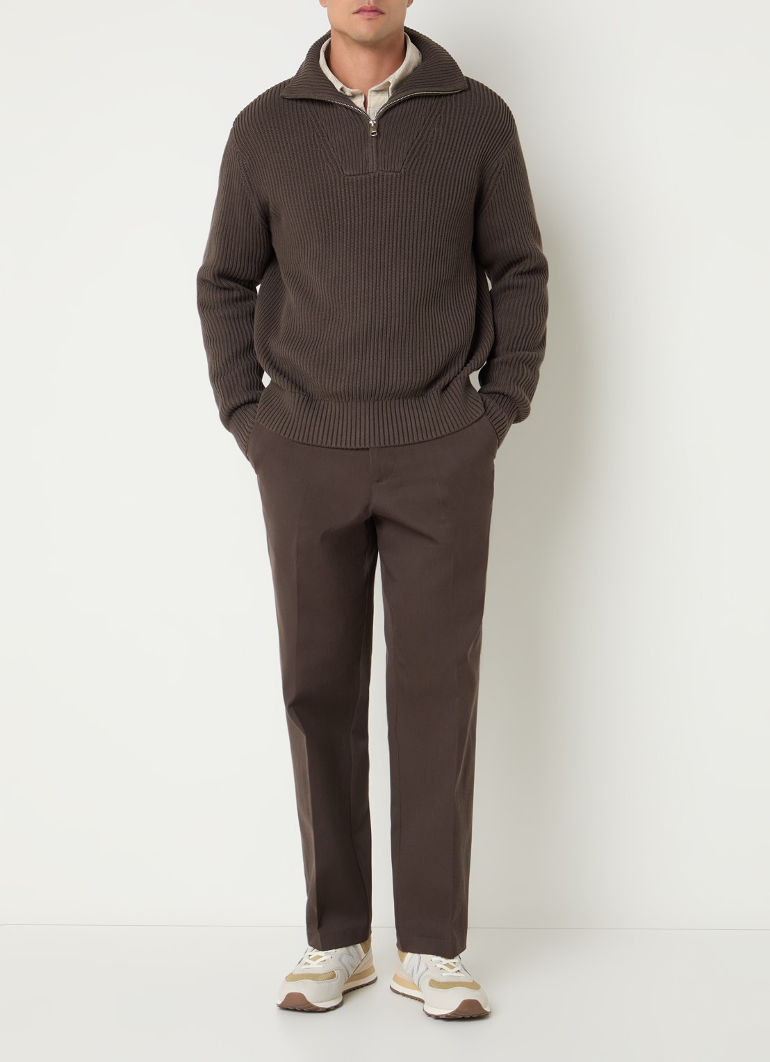 Selected Fijngebreide pullover met halve rits - voorkant 4 bruin