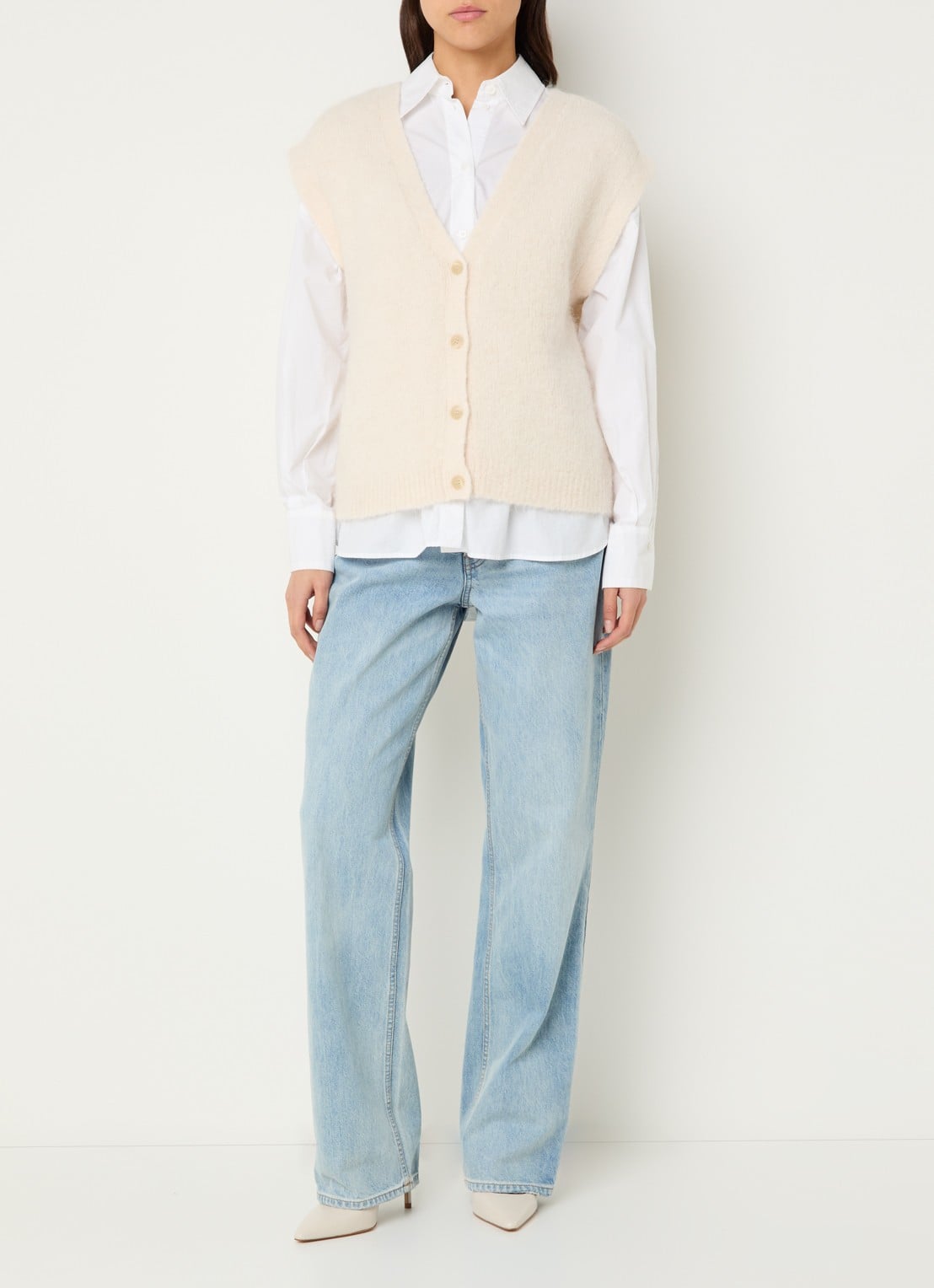 Selected Gabella grofgebreid gilet in alpaca wolblend - voorkant 4 creme