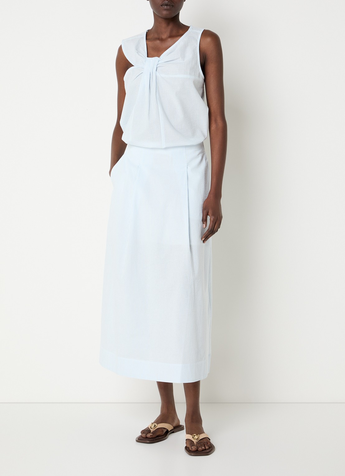 Selected Hannah midi rok met streepprint en steekzakken - voorkant 2 lichtblauw