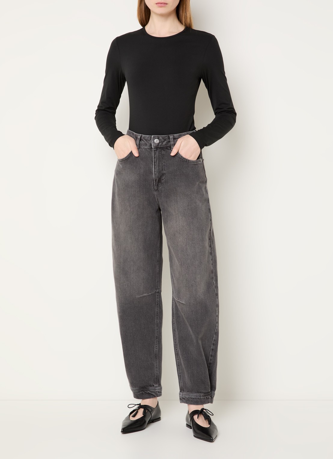 Selected High waist tapered fit jeans met gekleurde wassing - voorkant 5 grijs