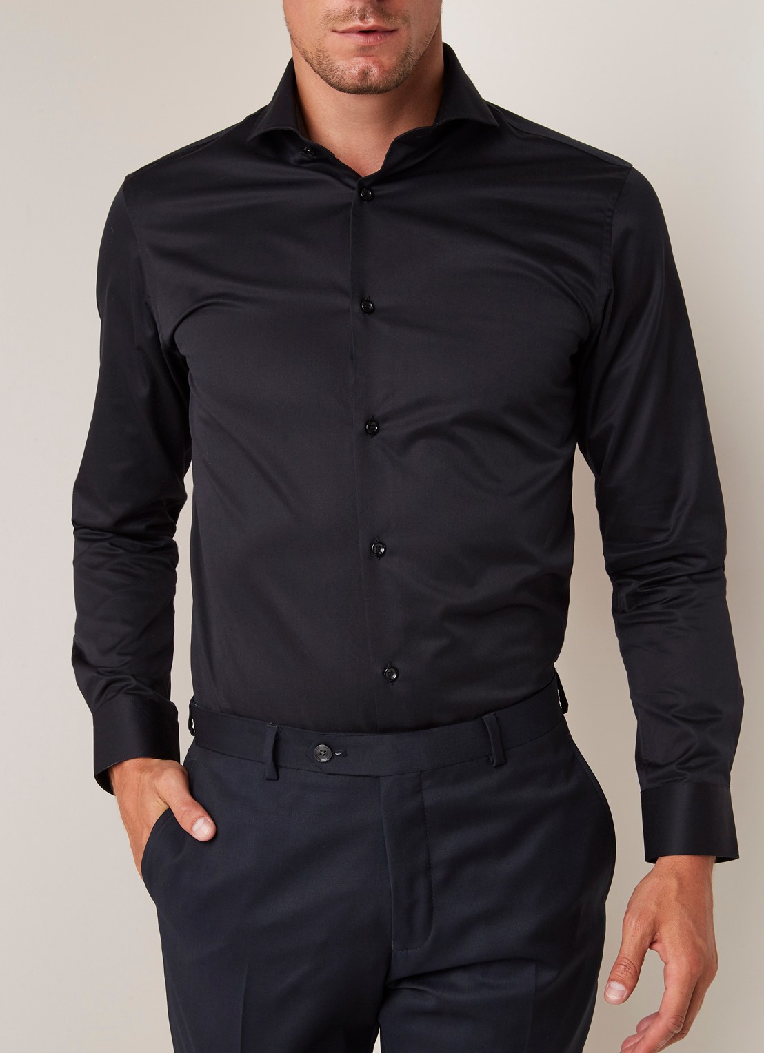 Selected Homme Slim fit strijkvrij overhemd met cut away kraag - detail 3 zwart