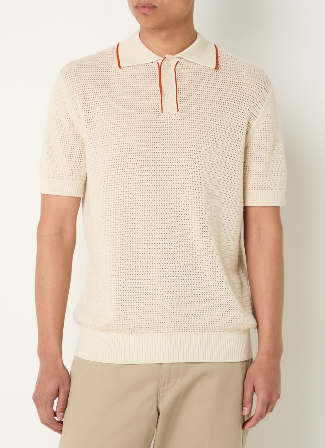 Selected Jesse regular fit polo met opengewerkt dessin - detail 3 creme
