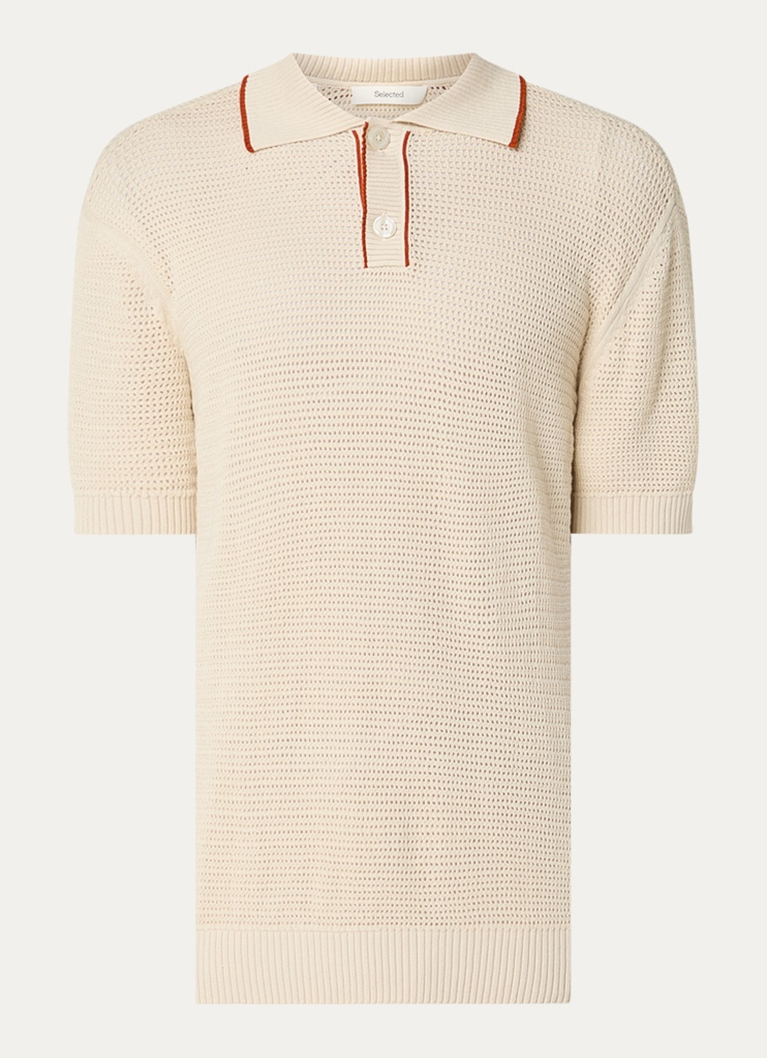 Selected Jesse regular fit polo met opengewerkt dessin - voorkant creme