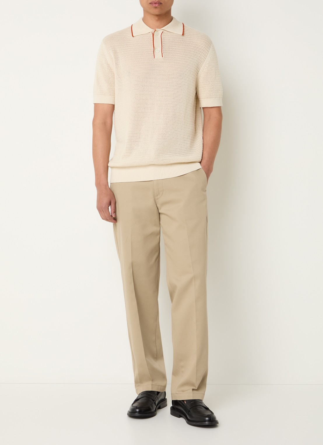 Selected Jesse regular fit polo met opengewerkt dessin - voorkant 2 creme