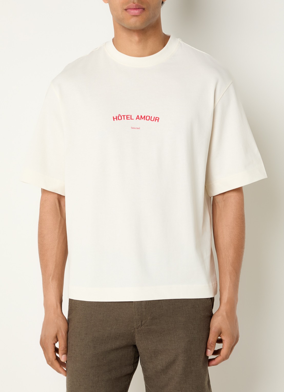 Selected Liam T-shirt met front- en backprint - achterkant creme