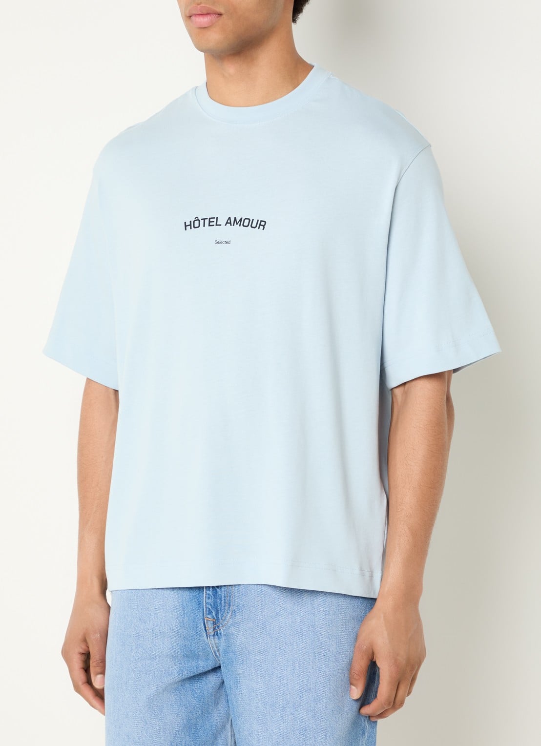 Selected Liam T-shirt met front- en backprint - achterkant lichtblauw