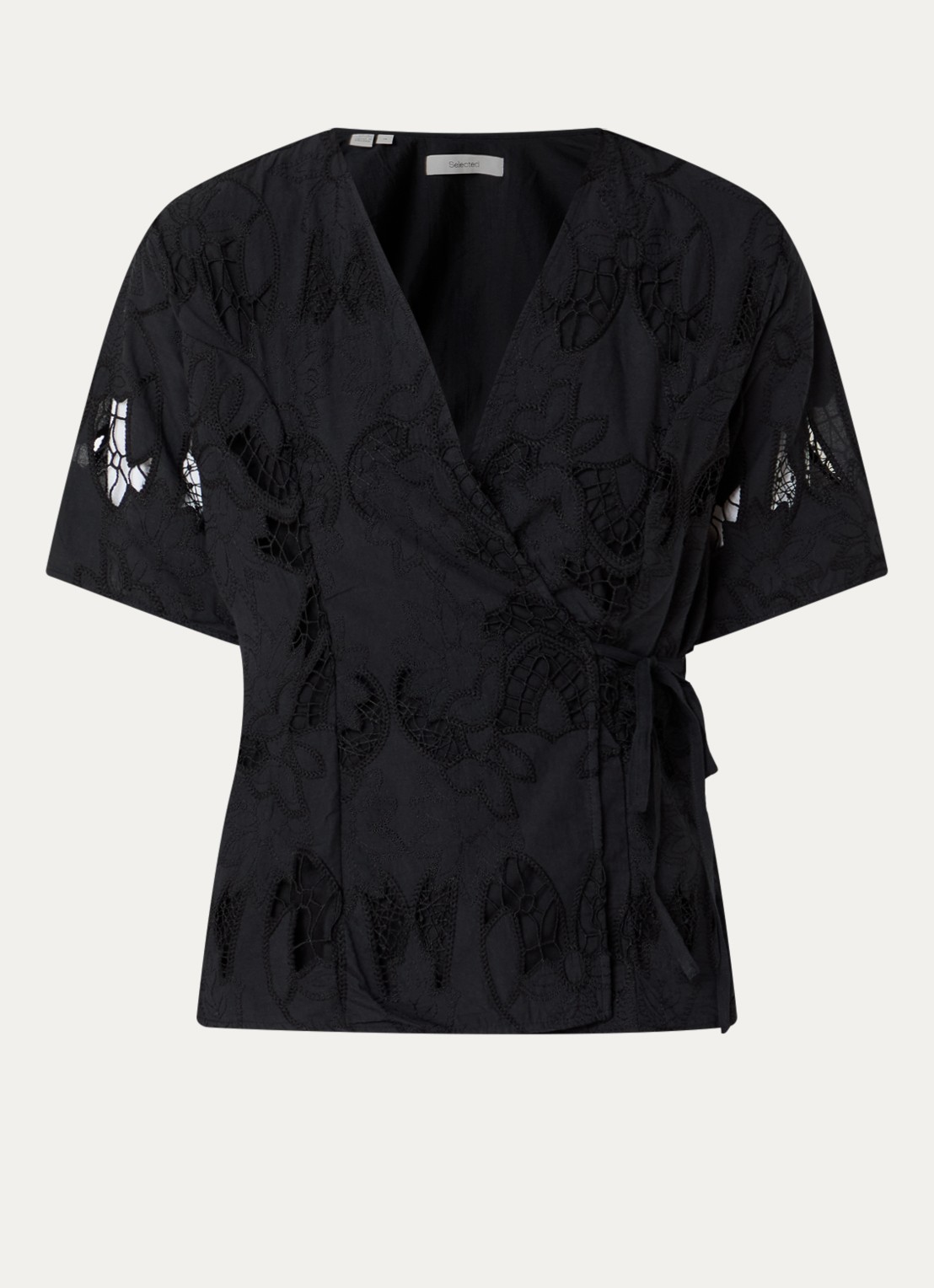 Selected Lola wikkeltop met broderie - voorkant 3 zwart