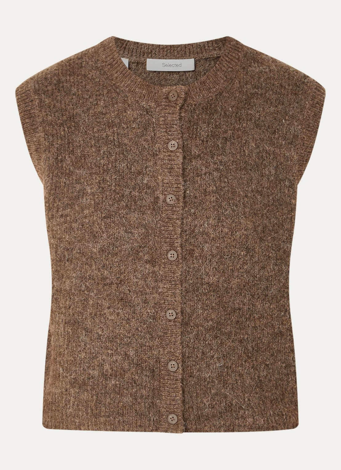 Selected Lulu fijngebreid gilet in wolblend met ronde hals - voorkant lichtbruin