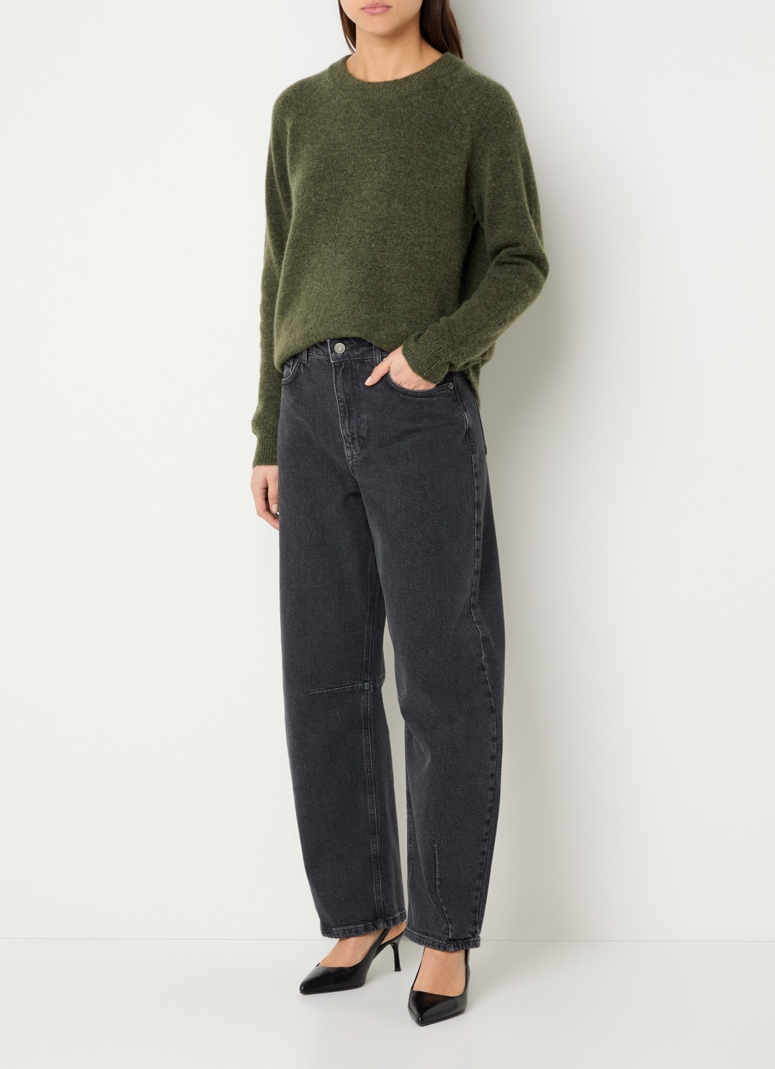 Selected Lulu fijngebreide pullover in wolblend - voorkant 2 olijfgroen