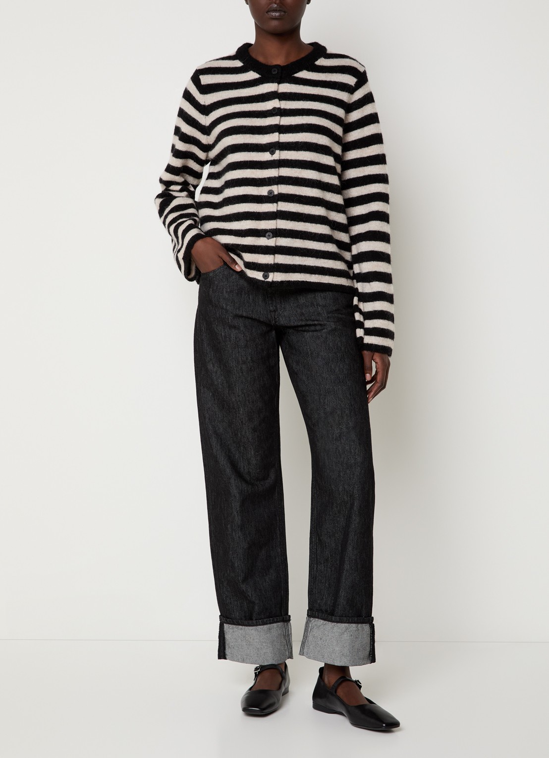 Selected Lulu grofgebreid vest in alpaca wolblend met streepprint - voorkant 3 zwart