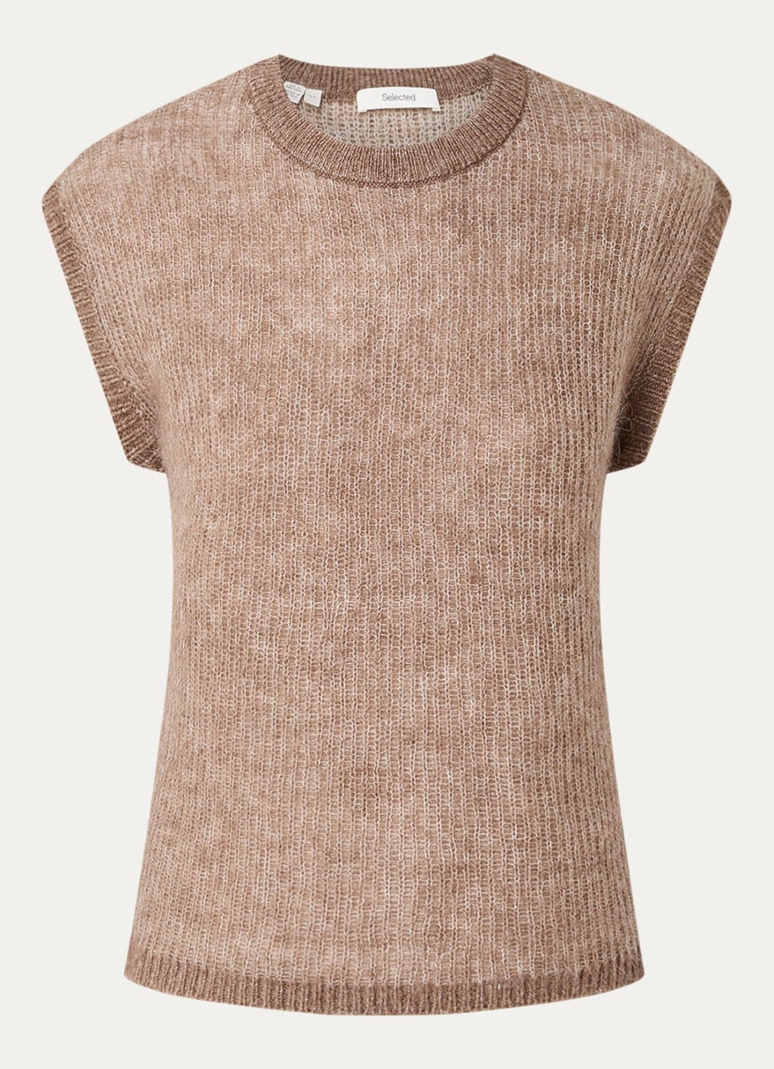 Selected Lulu grofgebreide mouwloze top in wolblend - voorkant 2 donkerbeige