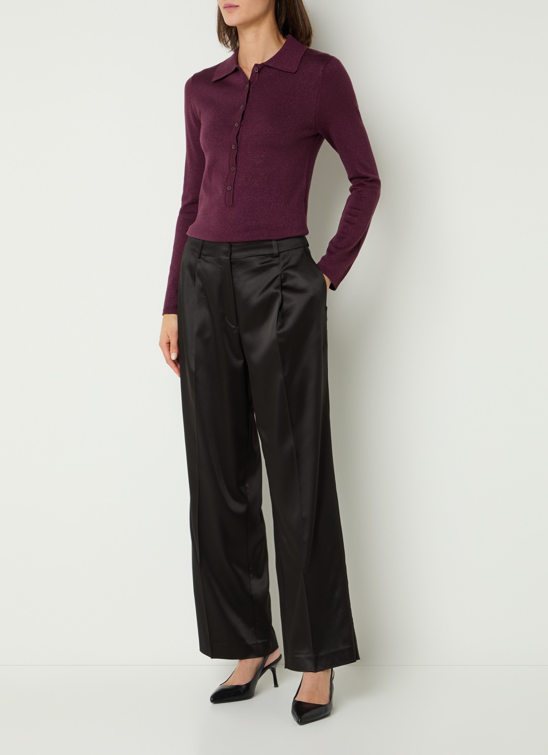 Selected Lura top  met lurex en polokraag - voorkant 4 aubergine