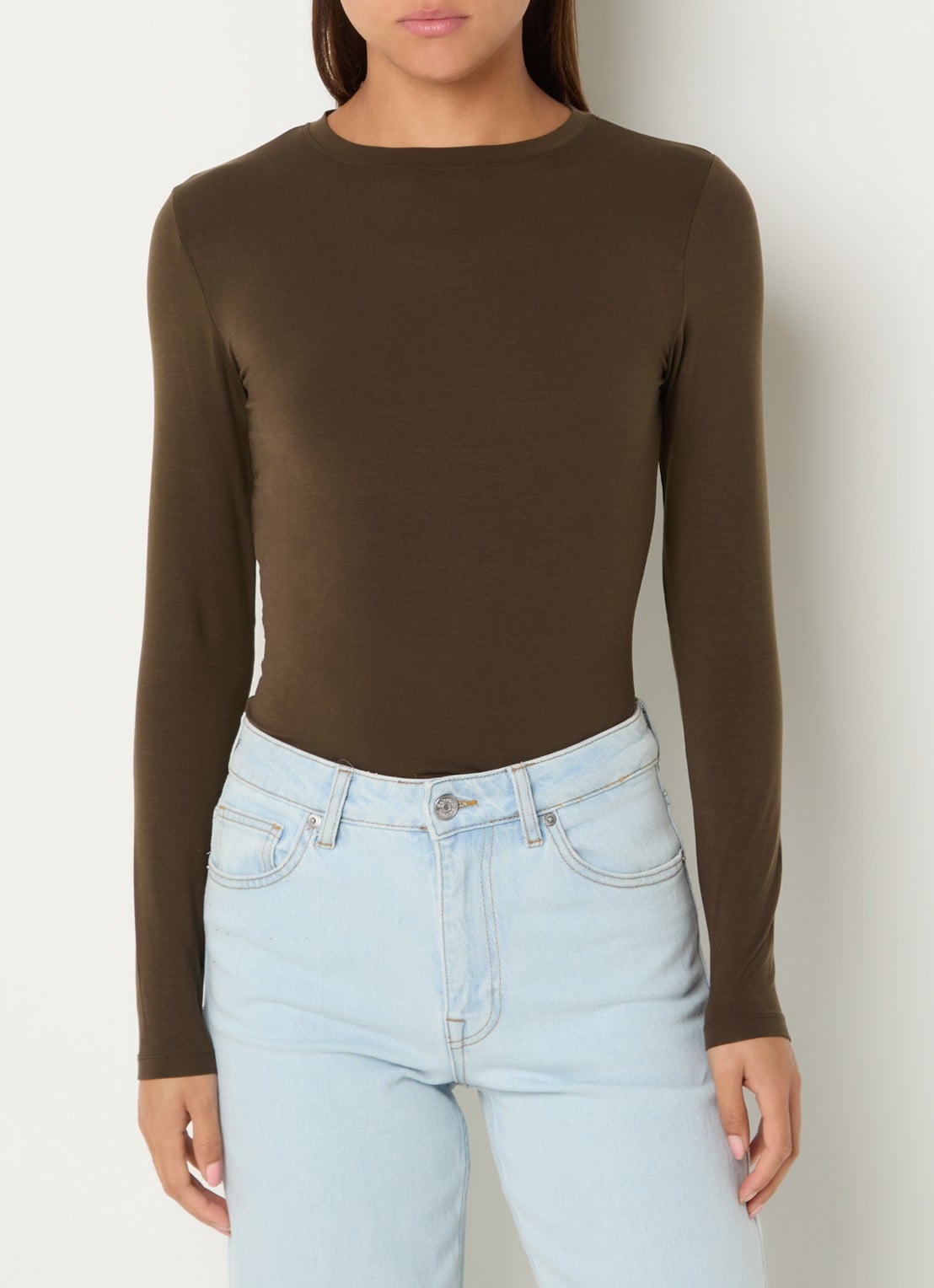 Selected Manja longsleeve met ronde hals - detail bruin