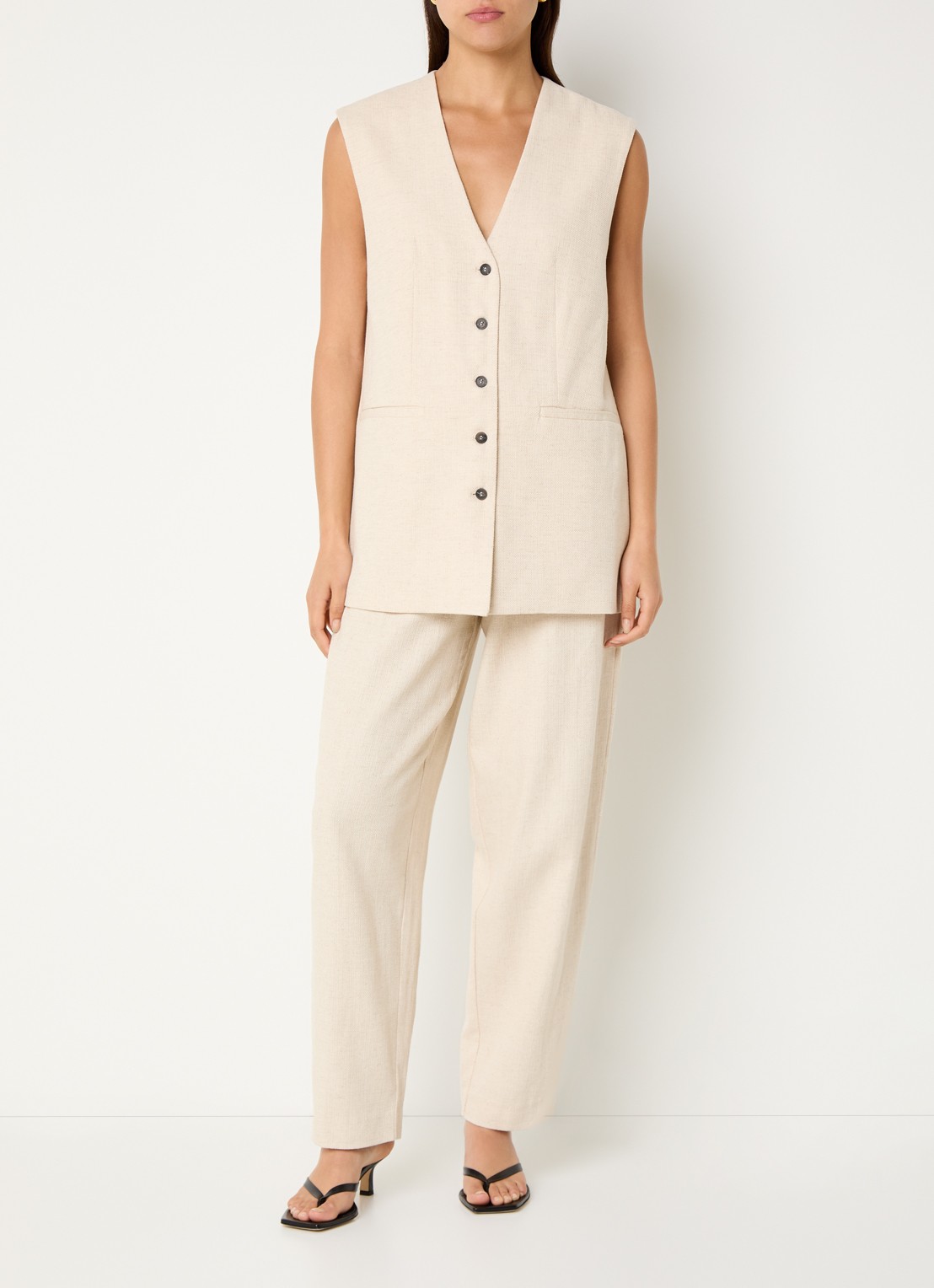 Selected Mara high waist straight fit pantalon in linnenblend met steekzakken - voorkant 4 creme