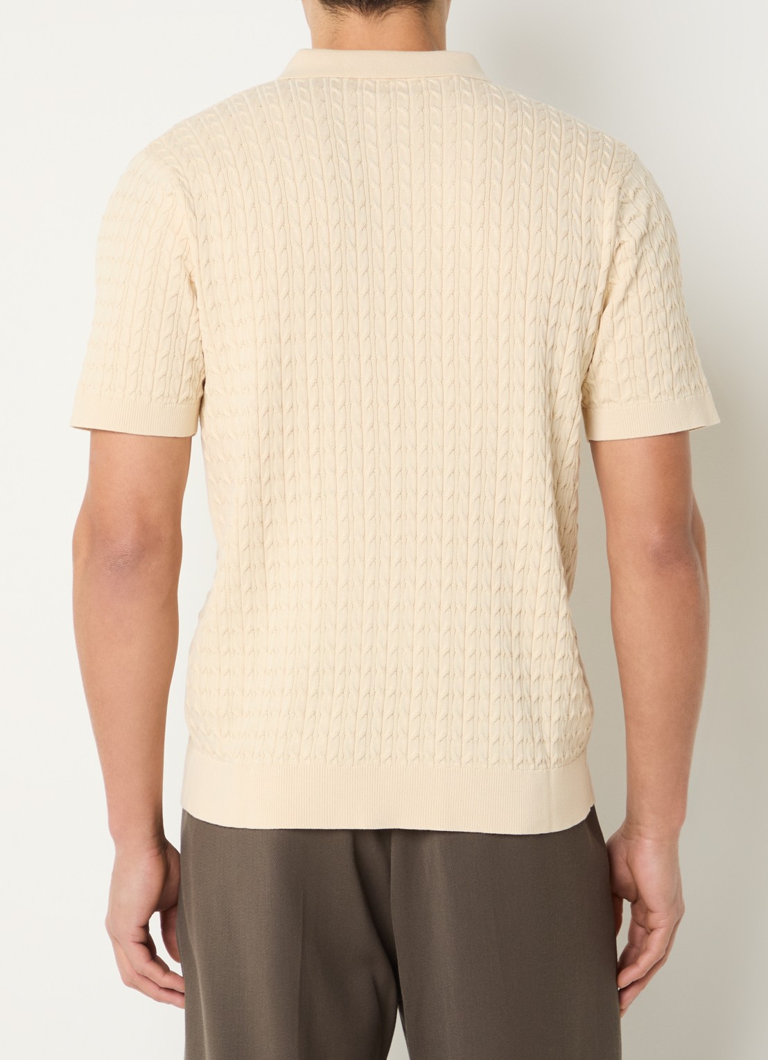 Selected Mattis kabelgebreide polo met opengewerkt dessin - achterkant beige