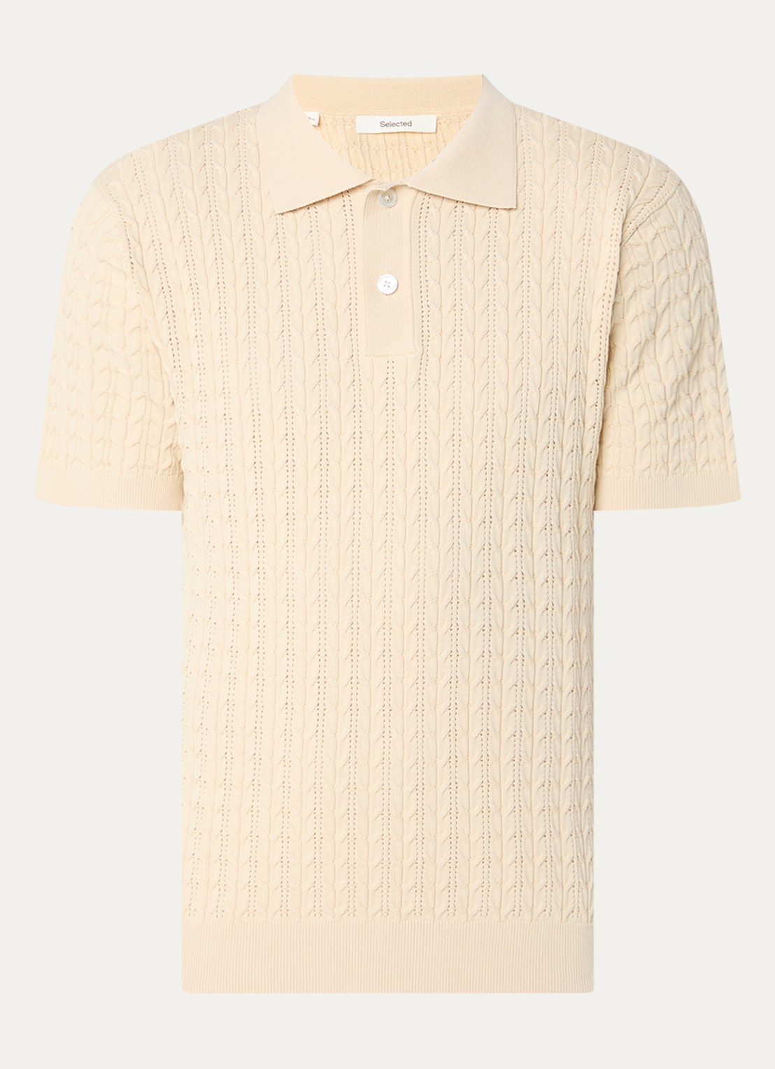 Selected Mattis kabelgebreide polo met opengewerkt dessin - voorkant 2 beige
