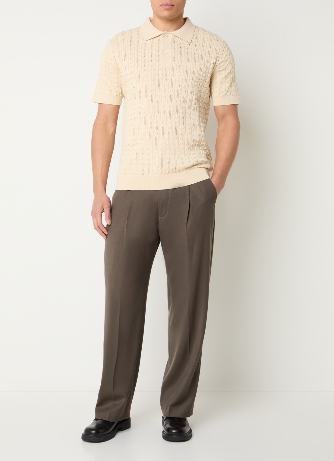 Selected Mattis kabelgebreide polo met opengewerkt dessin - voorkant 3 beige