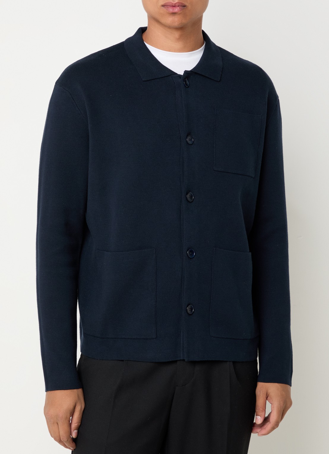 Selected Mike fijngebreide overhemd met borstzak - detail donkerblauw