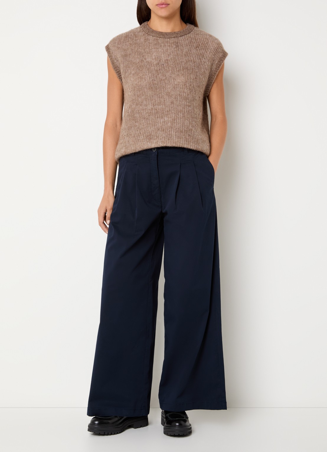 Selected Mille high waist wide leg broek met steekzakken - voorkant 2 donkerblauw