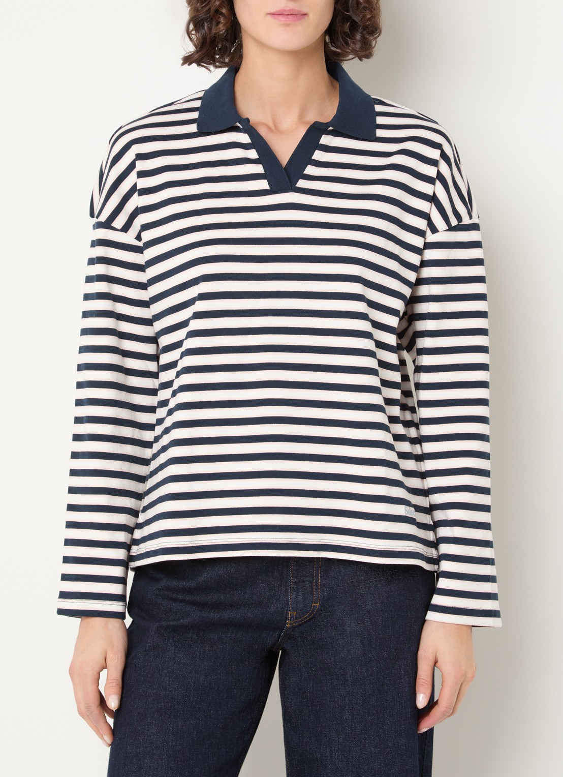 Selected Milly polo met streepprint en logo - detail 4 donkerblauw