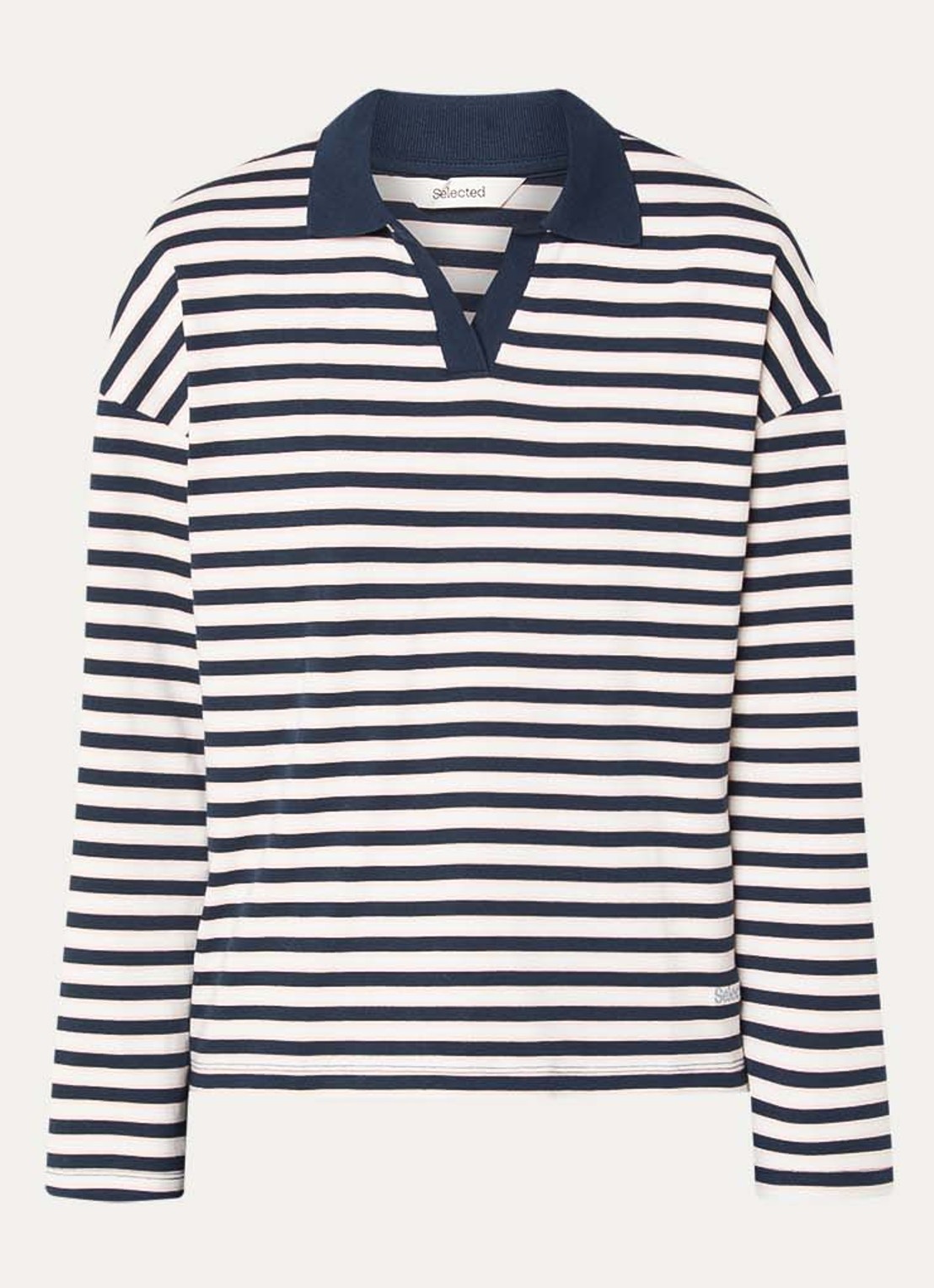 Selected Milly polo met streepprint en logo - voorkant 2 donkerblauw