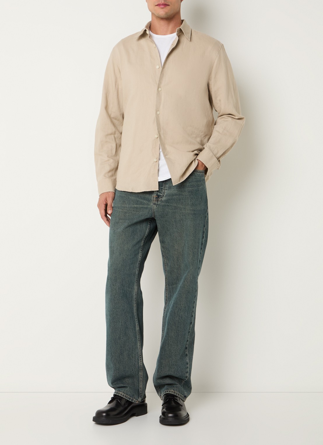 Selected Noos regular fit overhemd in linnenblend - voorkant 3 khaki