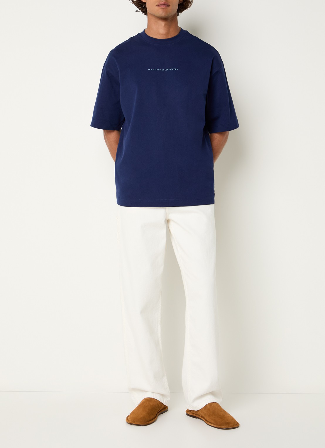 Selected Norman T-shirt met logo- en backprint - voorkant 4 donkerblauw