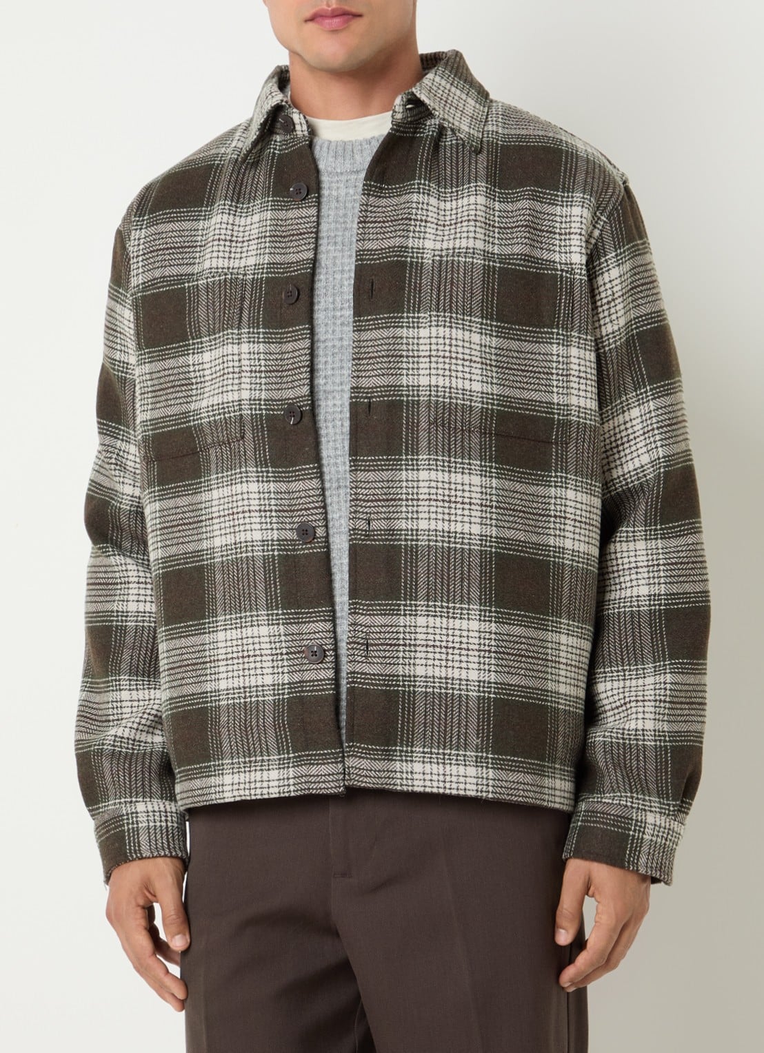 Selected Ole overshirt in wolblend met ruitdessin - detail mosgroen